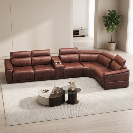 Modern Modular Leather Reclining Sectional Sofa – 6 Piece Couch with Cup Holders (Seats 5) in spacious living room setting.