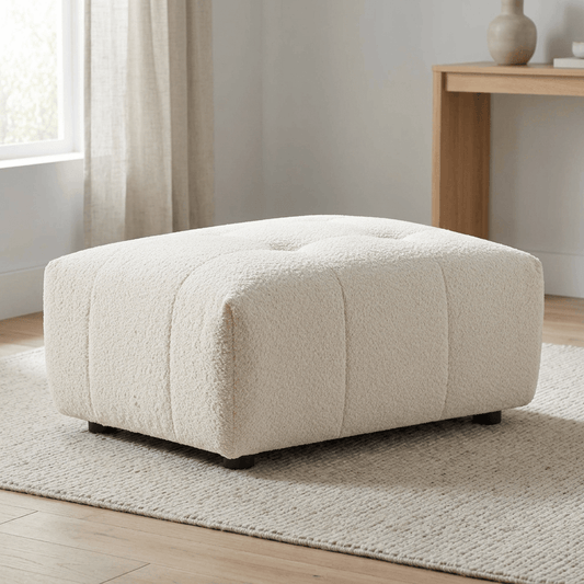 Kaynes Tufted Boucle Ottoman – 32" Ivory Modern Ottoman Bench (Scandinavian Style) in soft bouclé texture.