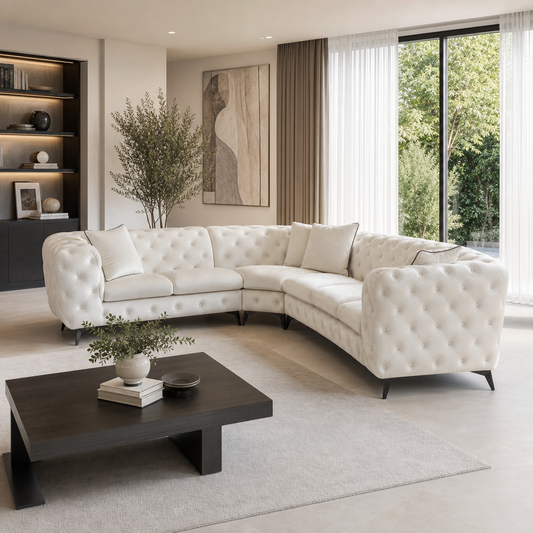 Atronia Beige Tufted Sectional Sofa 133" – Modern 5-Seat Corner Couch in a stylish living room setting.