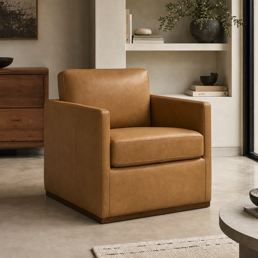 Top-Grain Buffalo Leather Chair – Mid-Century Modern Tan Lounge Chair in a stylish living room setting.