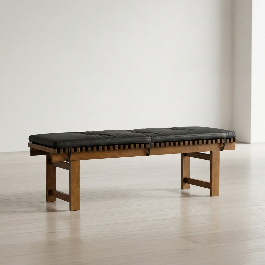 Lucia Black Faux Leather Bench 59" – Solid Wood Mid-Century Upholstered Bench
