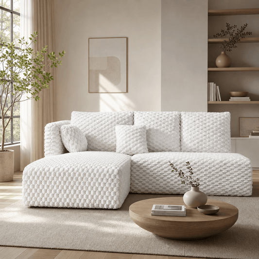 Manya Ivory Corduroy Sectional Sofa – 97” L-Shape Chaise Sofa with Pillows in a modern living room.