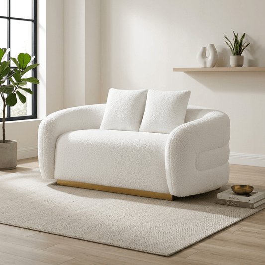 Novella Sherpa Loveseat – 71” White Fabric 2-Seater Sofa with Gold Base in a bright living room.