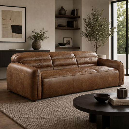 Dark Brown Top Grain Leather Sofa with Black Legs | 95" Contemporary Leather Couch