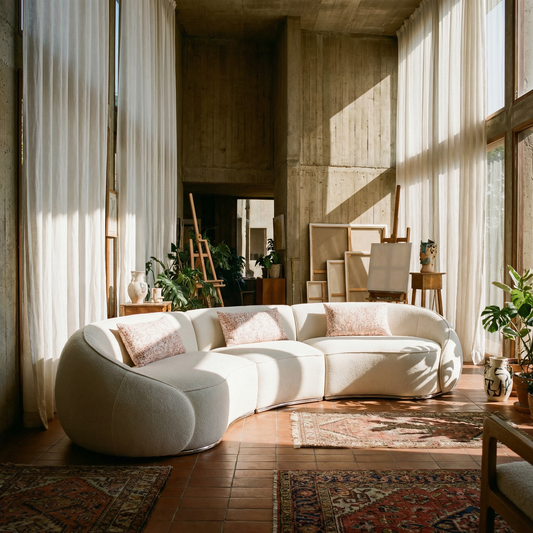 Beige Boucle Curved Modular Sectional Sofa – Modern Sculptural Couch (3–4 Seat) in a stylish living room setting.