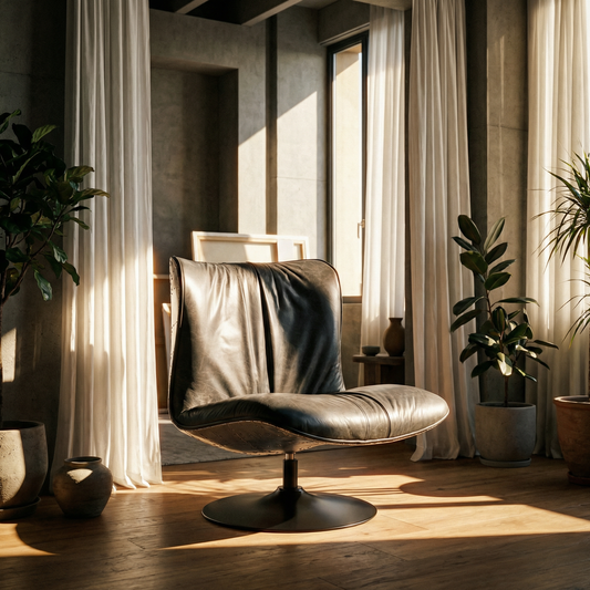Black Top-Grain Leather Armless Swivel Chair – Modern Accent Lounge Chair in a stylish living space.