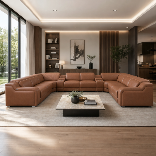 161" Chestnut Italian Leather Power Reclining U-Shaped 10-Piece Sectional with Console, USB Ports & Top Grain Leather