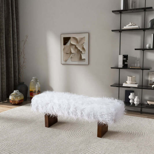 Henley Upholstered White Faux Fur Bench 51" – Solid Walnut Wood Modern Accent Bench in a stylish living space.