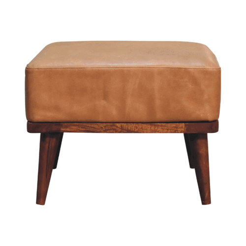 MCM Styled Genuine Buffalo Leather Ottoman Footstool, Tan 20" - Revel Sofa