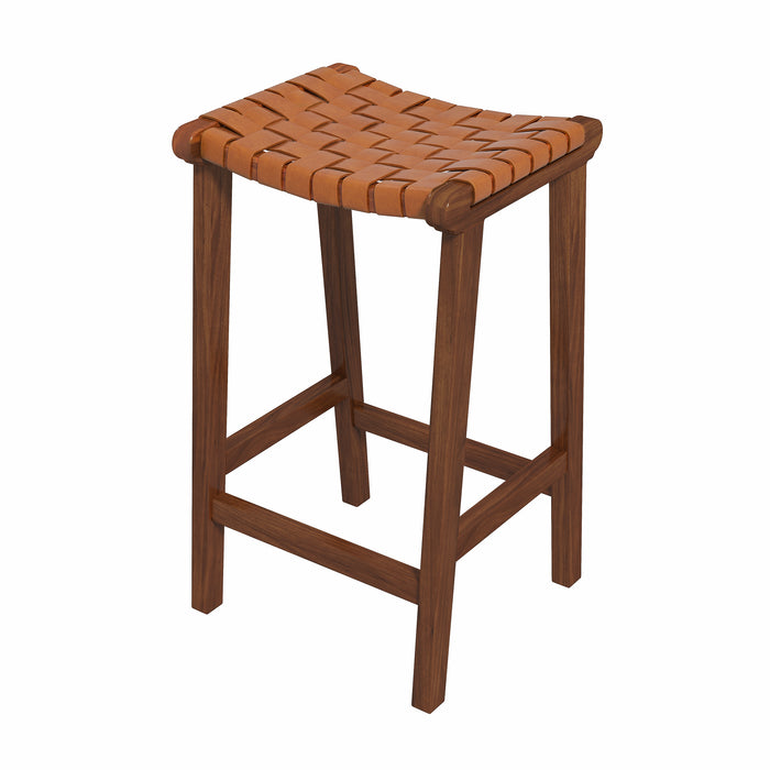 James Genuine Leather Bar & Counter Stool – Mid-Century Strapped Leather Seat with woven leather and solid wood frame.