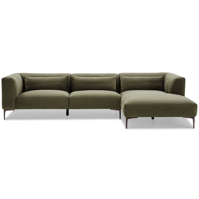 The Ashcroft Furniture Laley MCM Right-Facing Chaise Sofa Sectional 122 in olive green features clean lines, plush cushions, slim dark metal legs, and a spacious right chaise for affordable modern style and comfort.