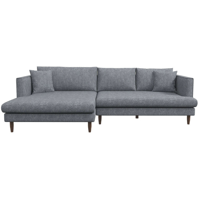 The Ashcroft Furniture Blake Velvet Upholstered L-Shape Chaise Sofa Sectional 107 features modern gray velvet, wooden legs, three large seat and back cushions, two pillows, and a left-side chaise lounge.