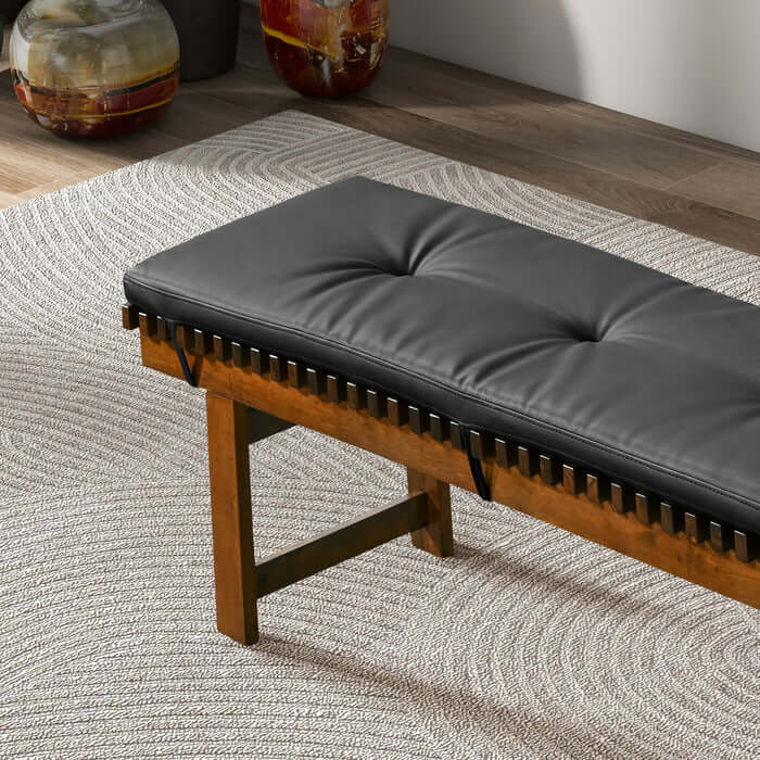 Lucia Upholstered Black Leather Solid Wood Bench 59"