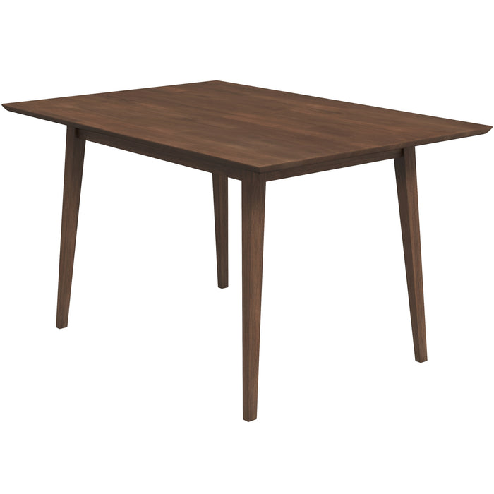 The Ashcroft Furniture Mary MCM Solid Wood Rectangular Dining Table features a dark walnut finish, angled legs, and a simple mid-century design. Available in two sizes.