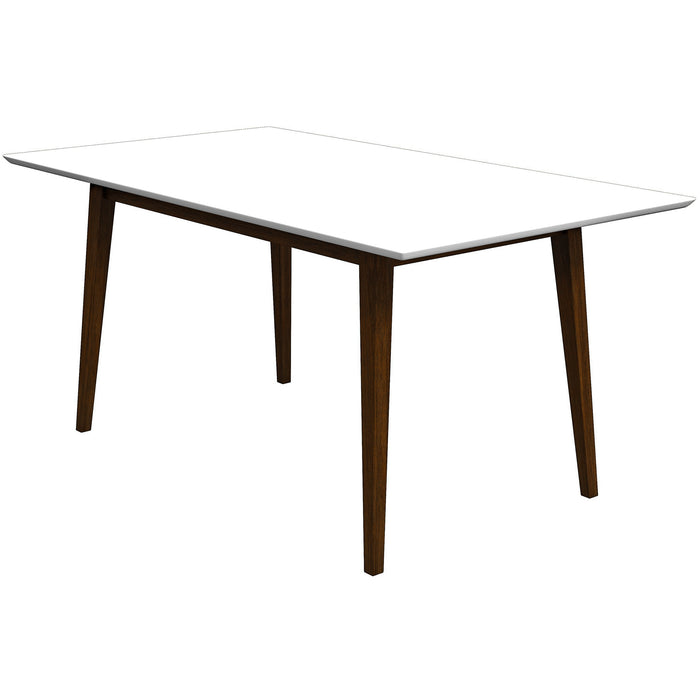 The Ashcroft Furniture Mary MCM Solid Wood Rectangular Dining Table features a white top and four angled walnut-finished legs, shown against a plain white background. Available in two sizes.