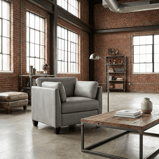 Matias Gray Premium Italian Leather Armchair in a stylish industrial living room setting with large windows.