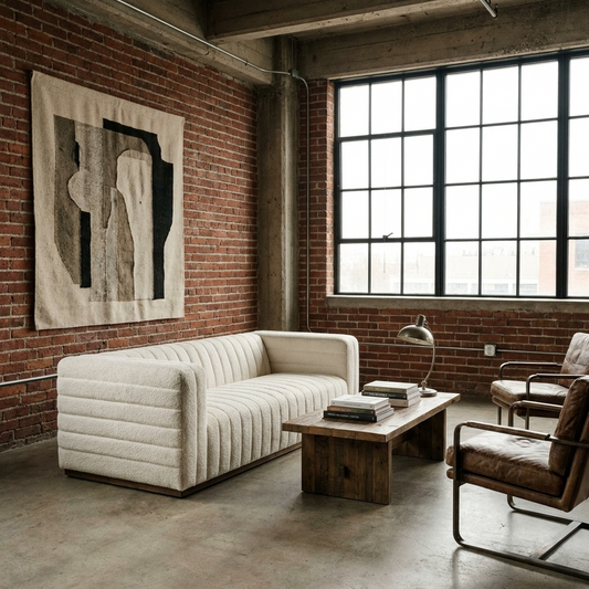 87" Cream Fabric Farmhouse Sofa with Single Cushion Seat & Solid Wood Frame
