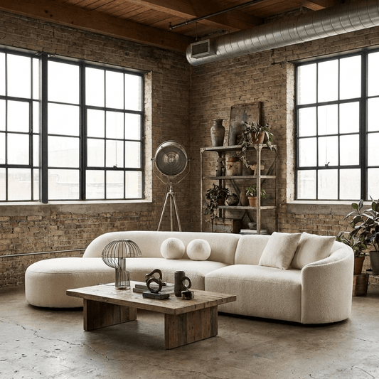 Ivory Boucle Curved Modular Sectional Sofa with Chaise & Toss Pillows | Modern 2-Piece Sectional in a stylish living room setting.