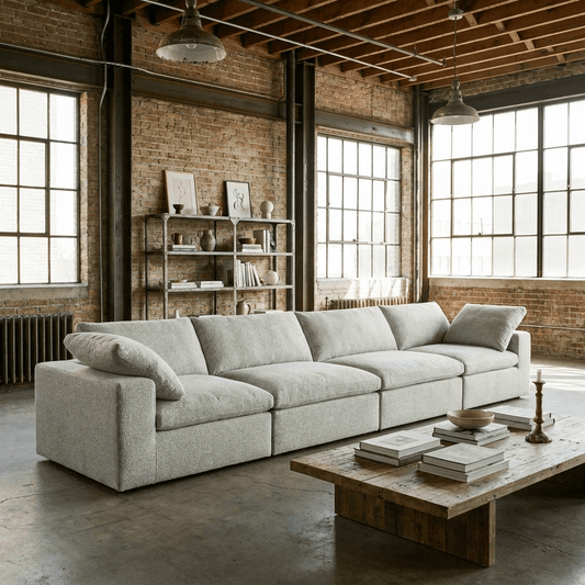 160" White Linen Blend Modular Sofa With Toss Pillows | Oversized Modern Sofa in a stylish urban living space.