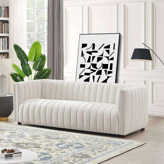 April Channel Tufted Boucle Sofa 86" – Beige Modern Glam Couch in a stylish living room setting.