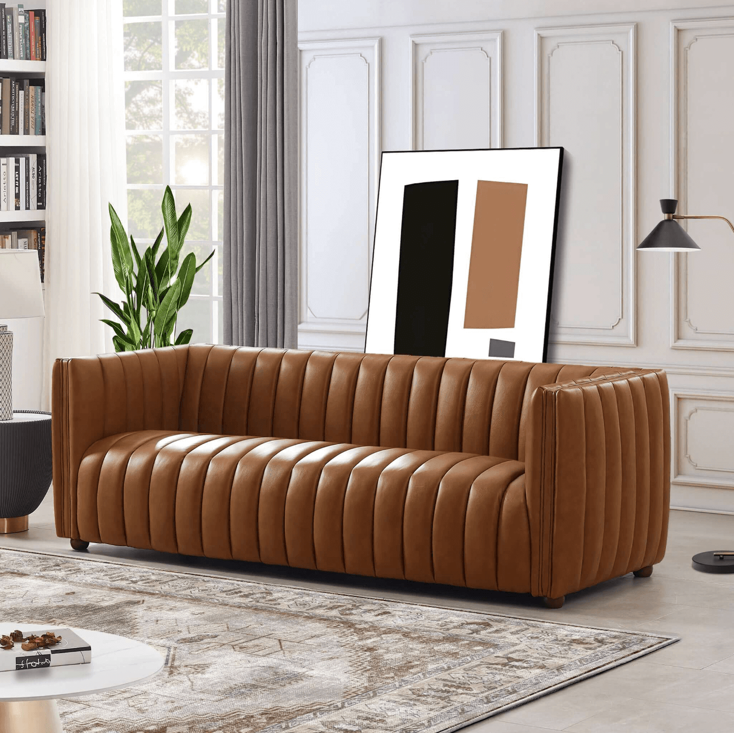 April Channel Tufted Sofa in Genuine Leather or Beige Boucle 86" - Revel Sofa