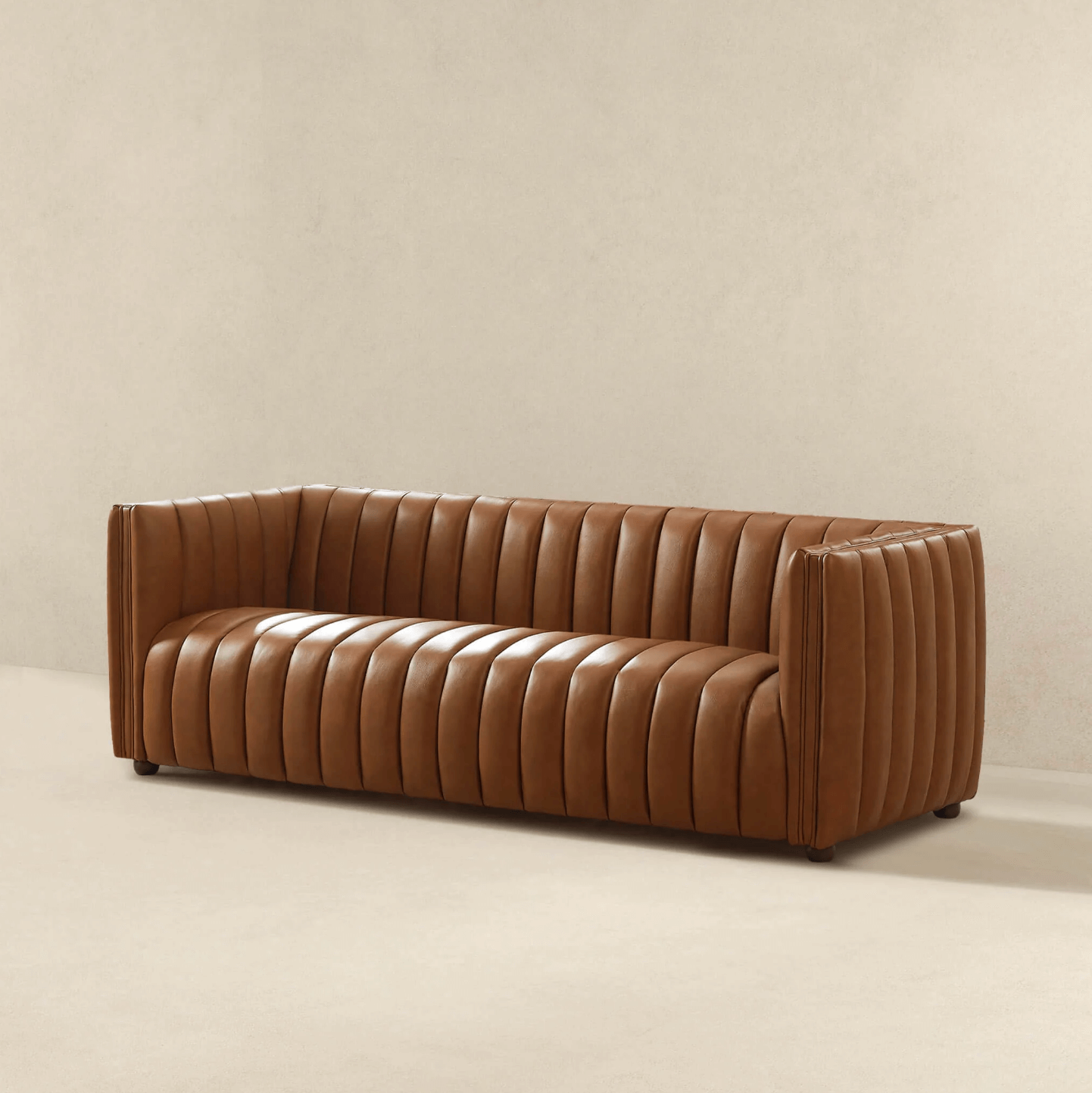 April Channel Tufted Sofa in Genuine Leather or Beige Boucle 86" - Revel Sofa