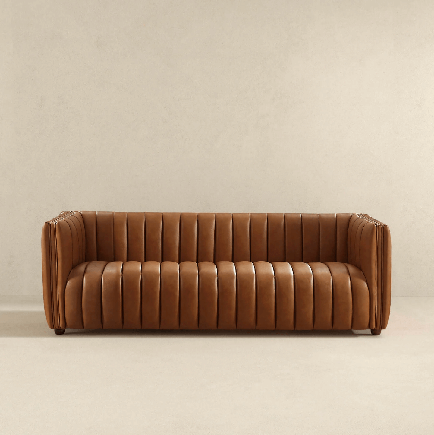 April Channel Tufted Sofa in Genuine Leather or Beige Boucle 86" - Revel Sofa