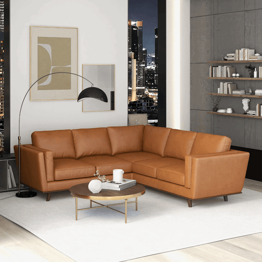 Erman MCM Genuine Leather Corner Sofa Sectional 89" – Mid-Century Modern Leather Sectional in a modern living room setting.