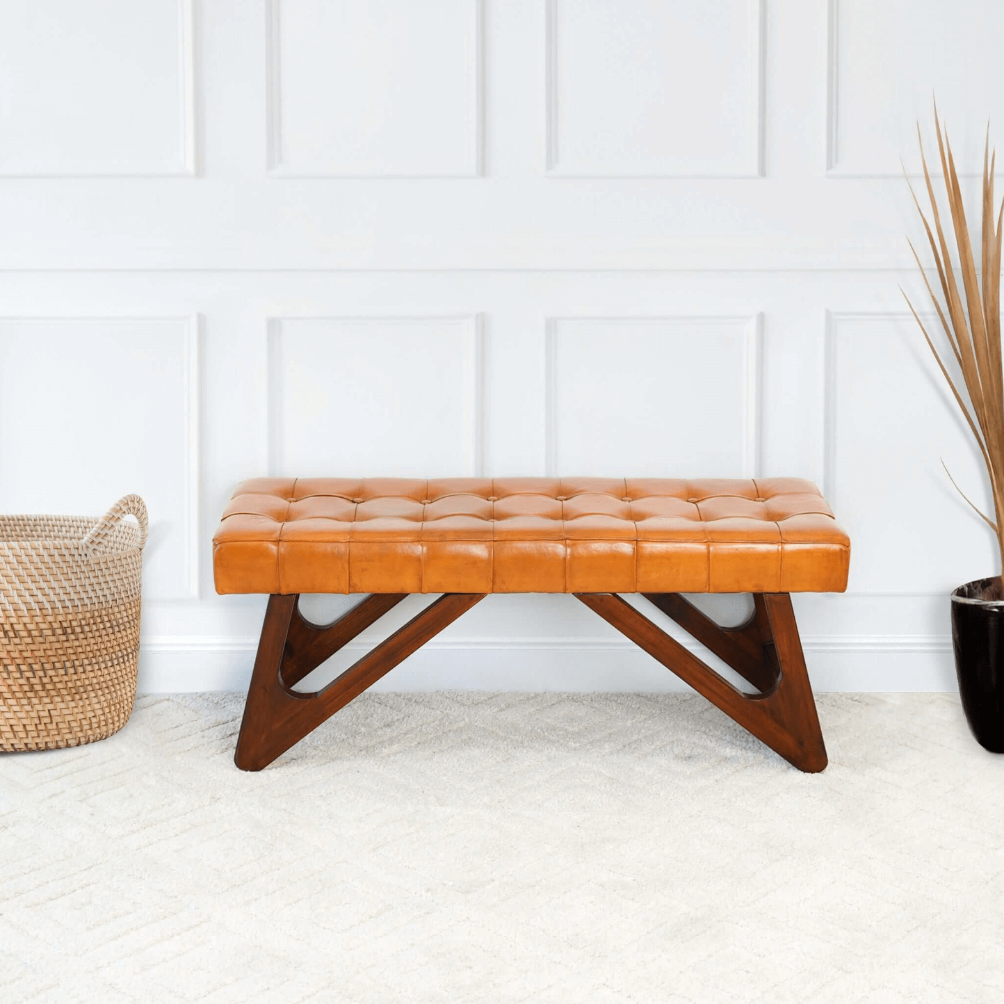 Mia MCM Button Tufted Genuine Leather Wood Base Bench 47" - Revel Sofa