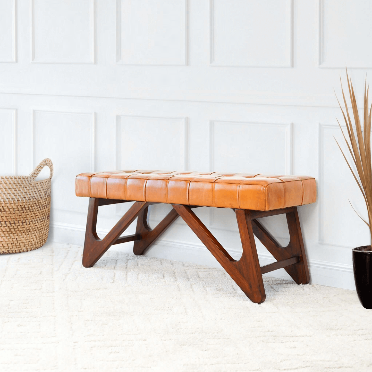 Mia MCM Button Tufted Genuine Leather Wood Base Bench 47" - Revel Sofa