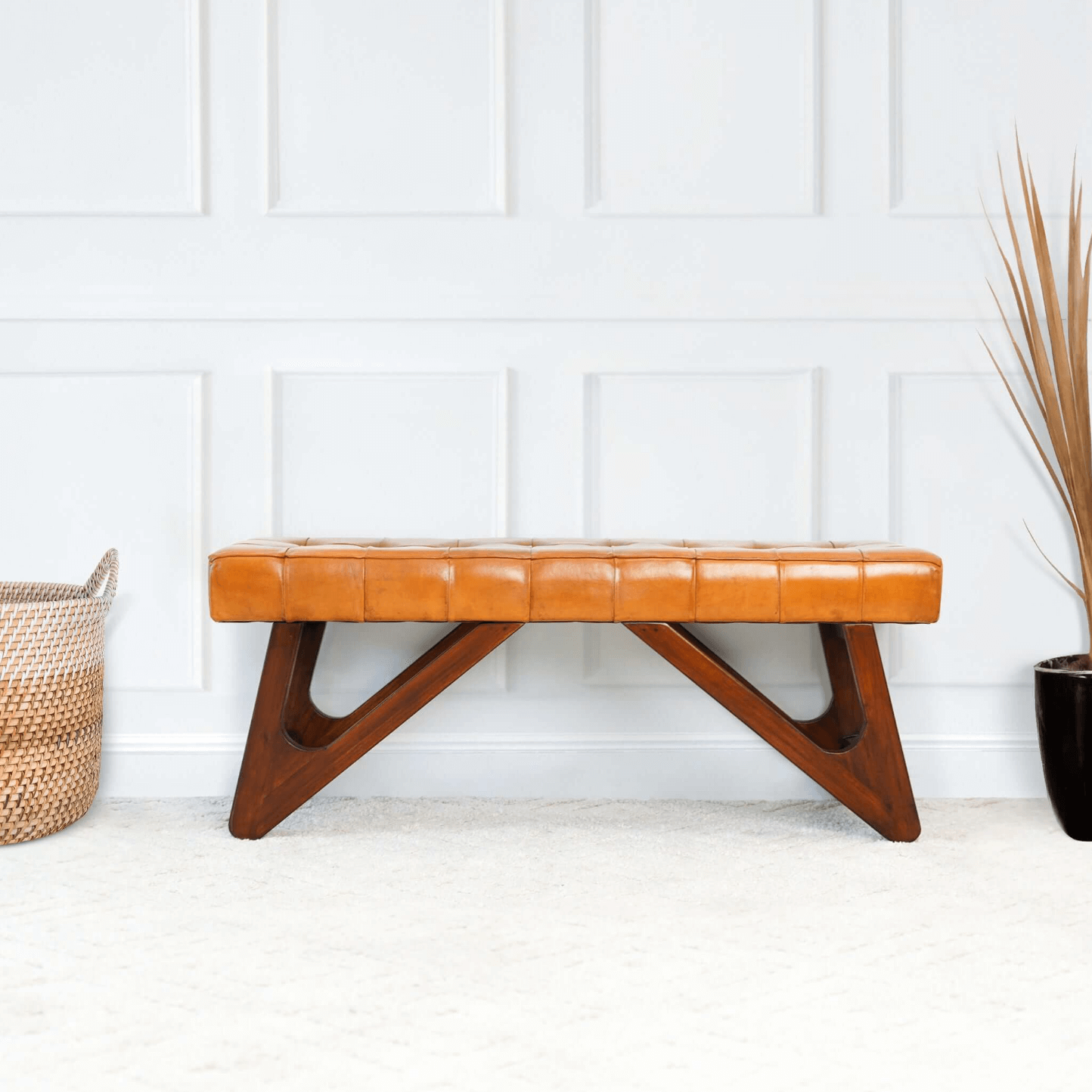 Mia MCM Button Tufted Genuine Leather Wood Base Bench 47" - Revel Sofa