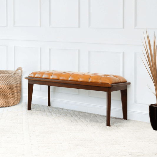 Arden MCM Button Tufted Genuine Leather Wood Base Bench 49" - Revel Sofa