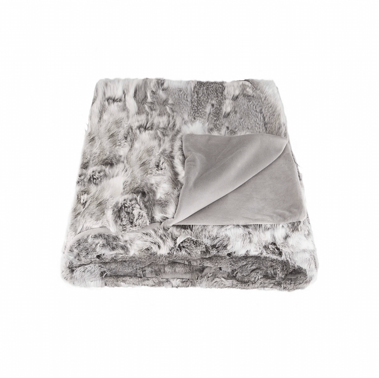 The Home Roots Gray Rabbit Fur Throw Blanket, shown folded with a corner turned to display its smooth grey lining, features luxurious grey and white tones and is set against a white background.