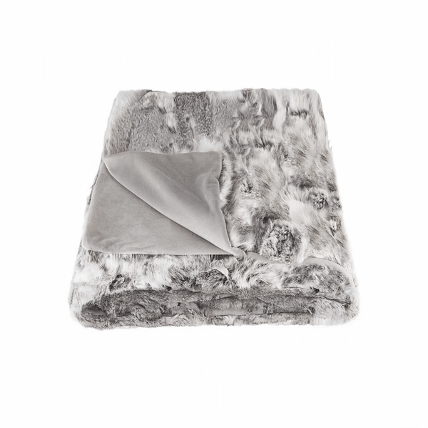 The Home Roots Gray Rabbit Fur Throw Blanket features plush gray and white fur on one side and smooth solid gray fabric on the other, offering a luxurious touch to any space.