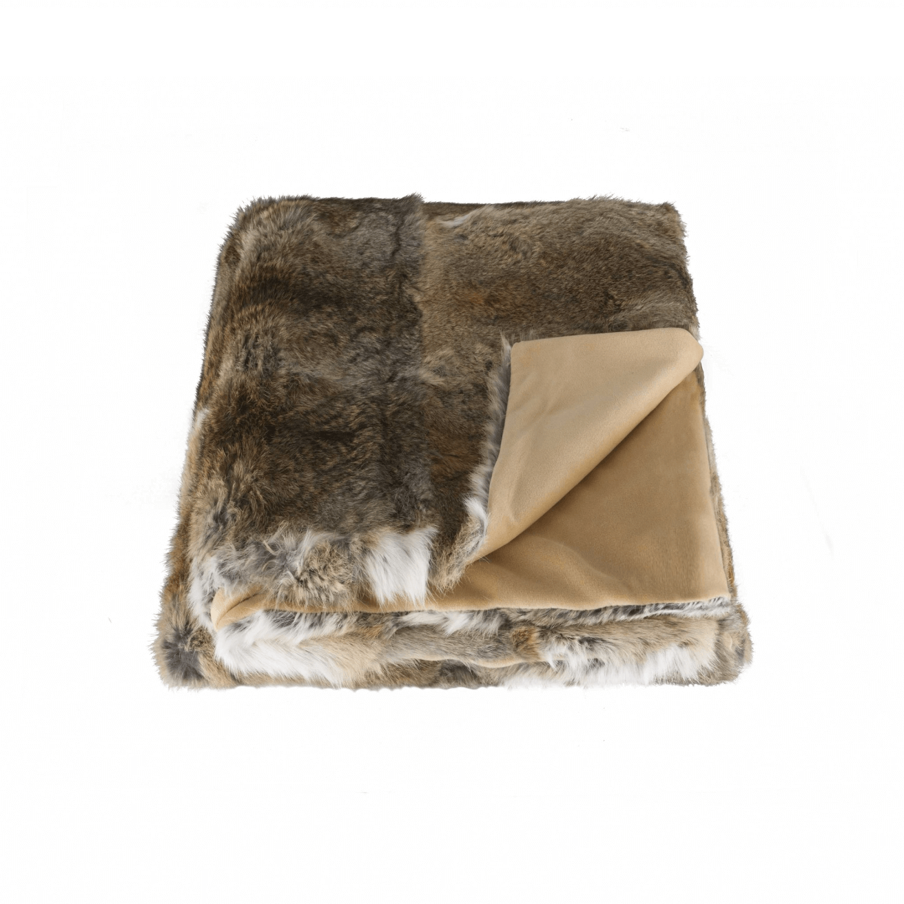 The Home Roots Gray Rabbit Fur Throw Blanket features a chic knitted design in brown and gray tones, neatly folded with a flipped corner to reveal its soft beige underside.