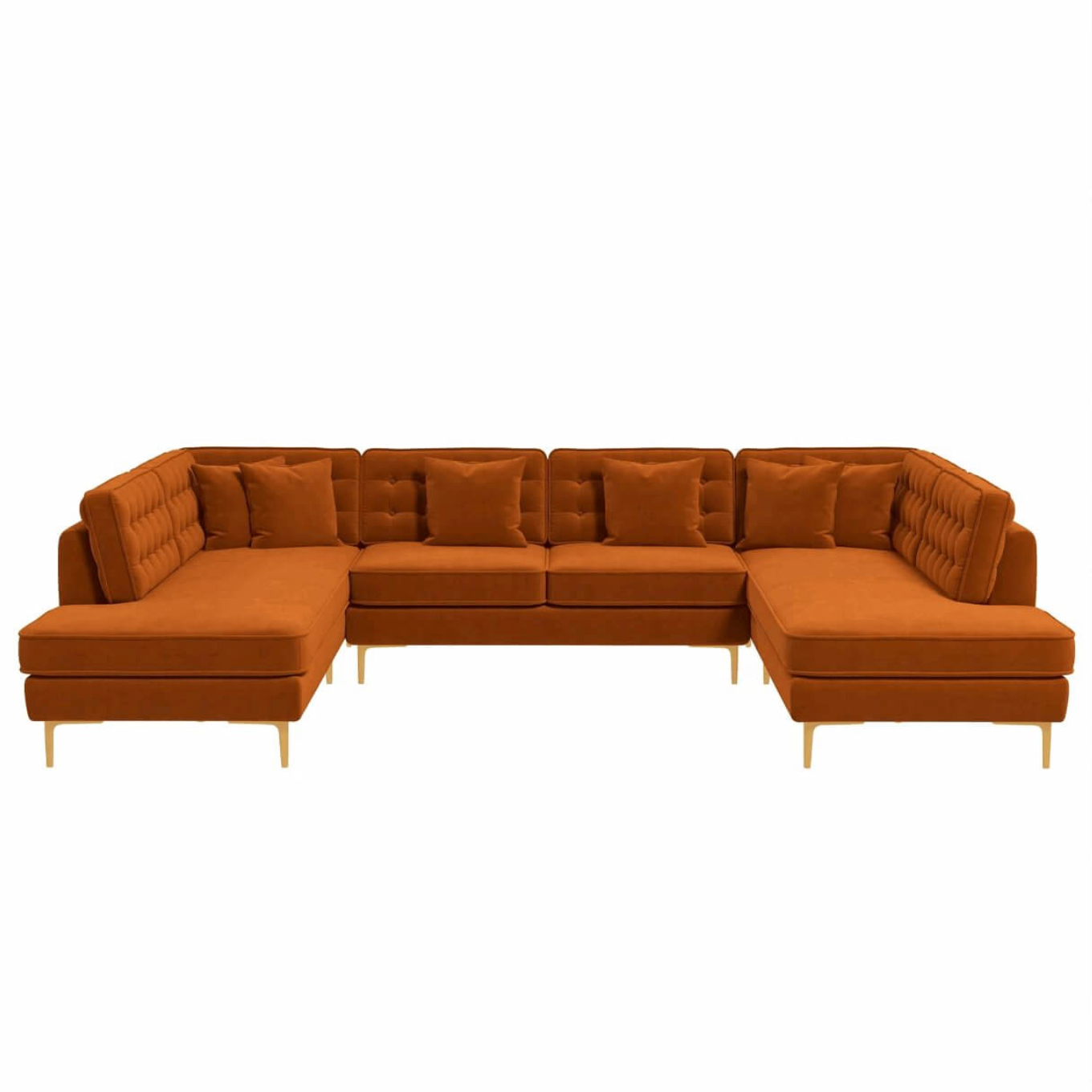 The Ashcroft Furniture Brooke MCM Velvet U-Shape Dual Chaise Sectional Sofa 131 in burnt orange features tufted back cushions, wooden legs, plush comfort, and mid-century modern style—perfect against a plain white background.