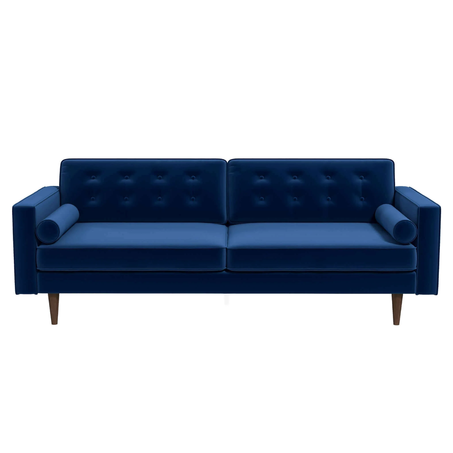 The Ashcroft Furniture Casey MCM Button Tufted Back Velvet Sofa 84 in dark blue features velvet upholstery, button-tufted back cushions, two bolster pillows, square arms, and wooden tapered legs, displayed against a white background.
