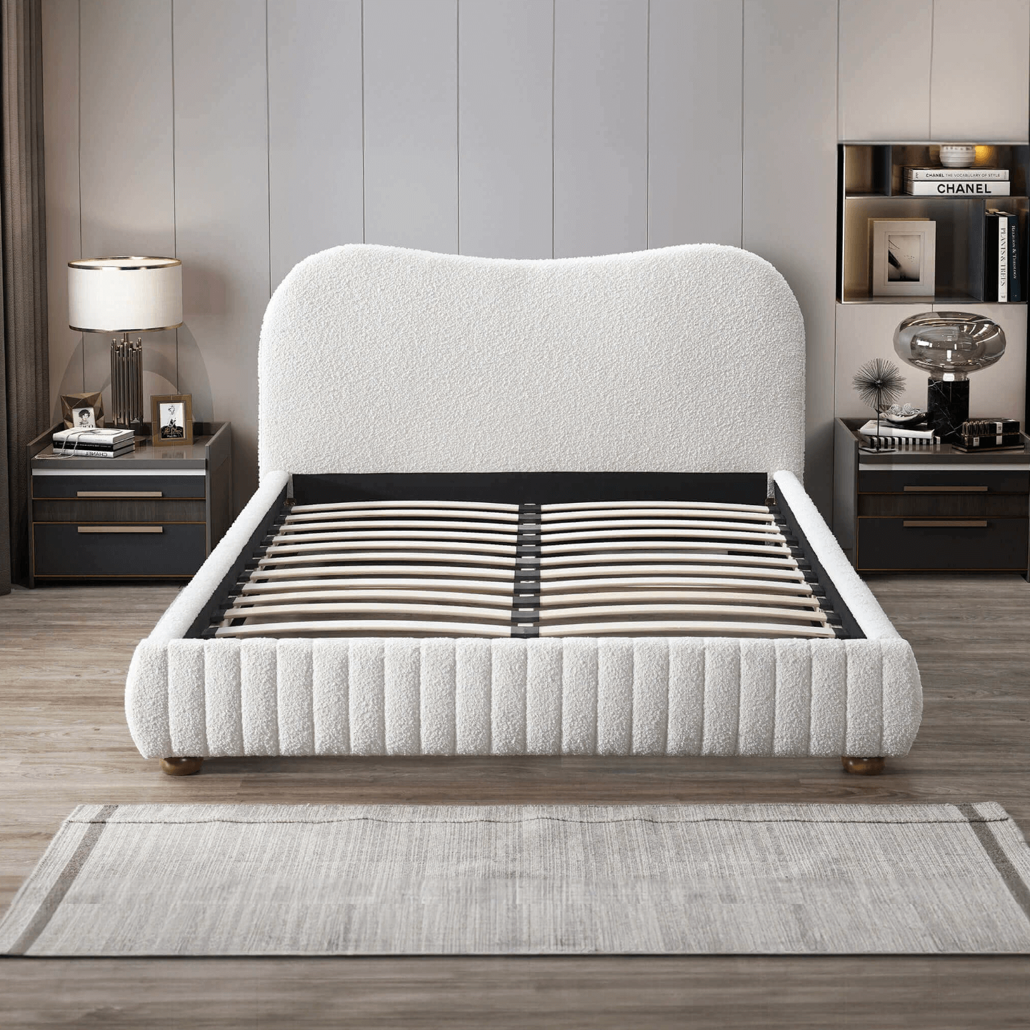 Norme Low Profile Queen Size Platform Bed Frame in Cream Boucle