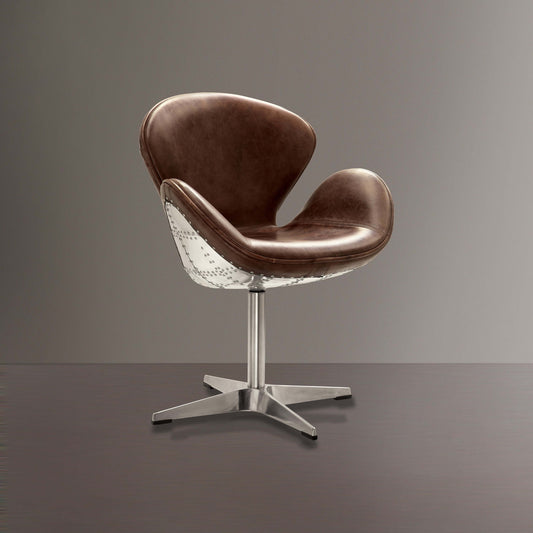 Retro-Inspired Chrome Padded Brown Leather Accent Chair
