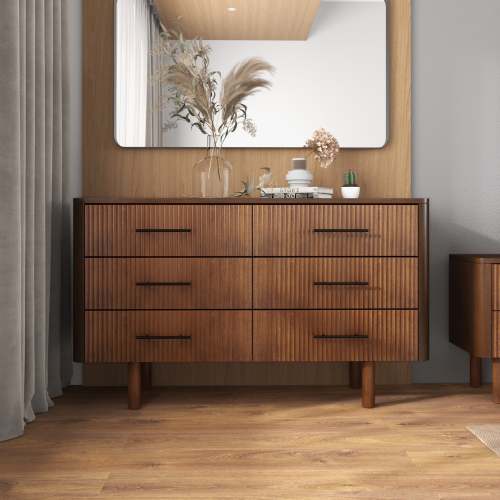 Logan Solid Wood 6-Drawer Dresser – 55” Walnut Bedroom Storage (Mid-Century Modern)