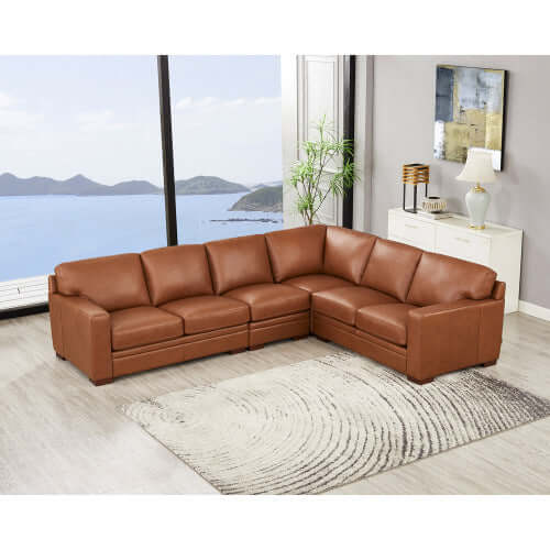 Dillon MCM Leather L-Shaped Corner Sofa Sectional 126" in a modern living room setting with ocean view.