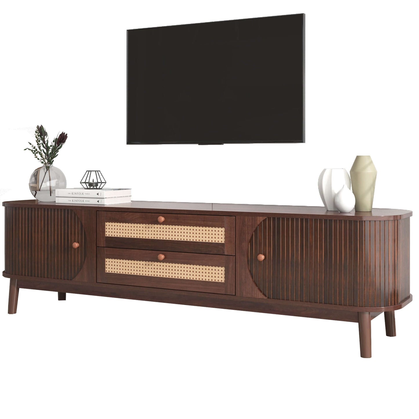 MCM Styled TV Stand Entertainment Center Solid Wood & MDF, Brown 67" - Revel Sofa