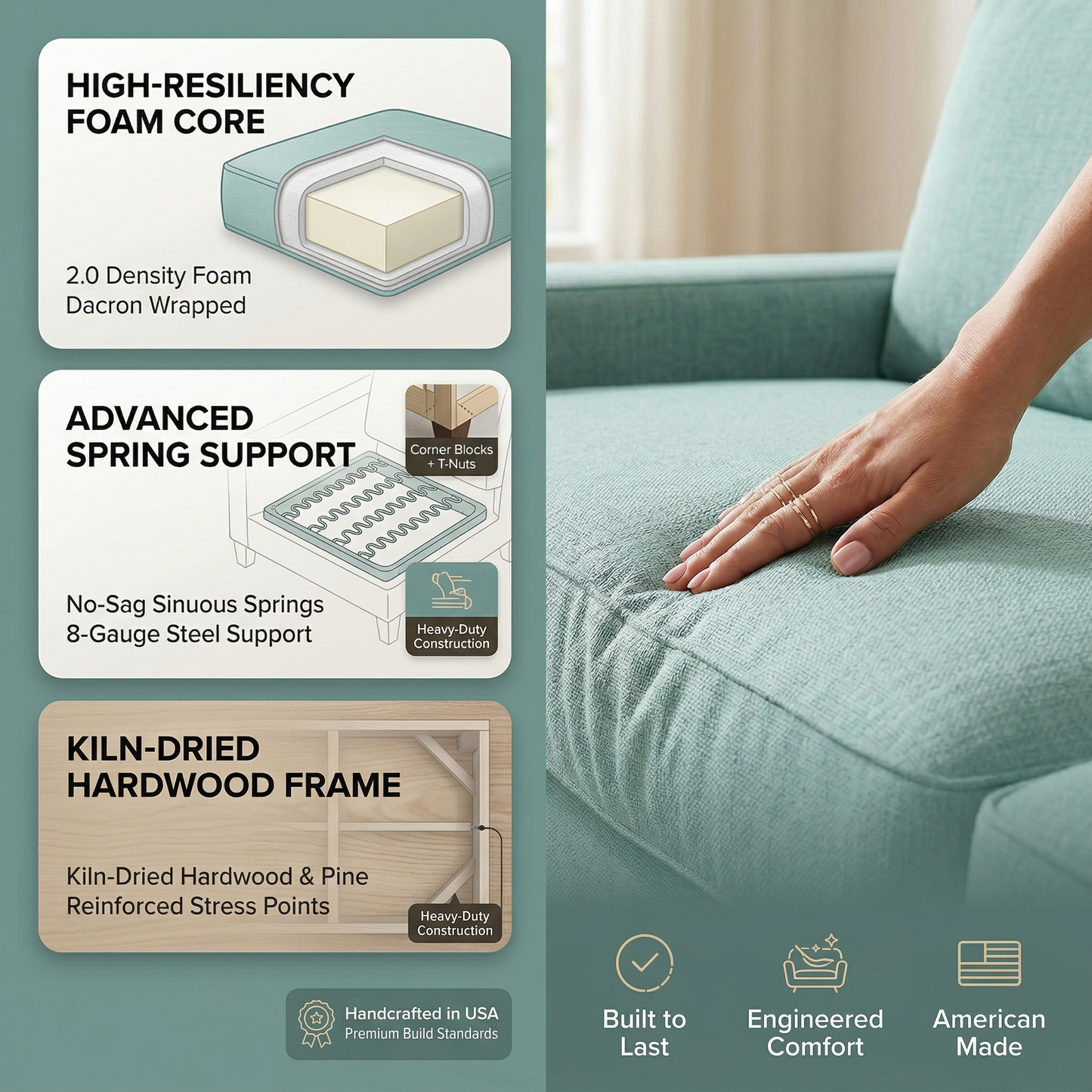 Clifford 2-Arm Sofa – Handcrafted in the USA, Custom Fabric Options - Leslie Robins Egg - Fabric (12)