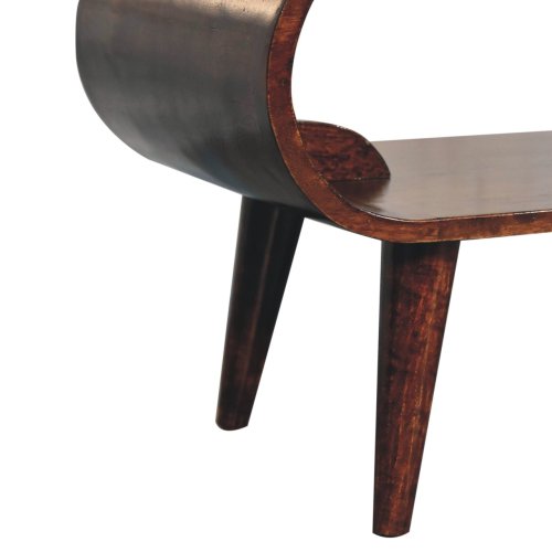 Close-up of the Amaya Mango Wood Coffee Table 35 by Artisan Furniture, crafted from solid mango wood in a dark brown finish, featuring modern Nordic design with smooth curved edges and angled legs. Available in 2 colors.