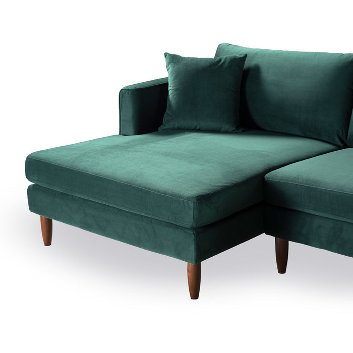The Blake Velvet Upholstered L-Shape Chaise Sofa Sectional 107 by Ashcroft Furniture features plush velvet upholstery, wooden legs, a matching cushion, and a left-side chaise lounge for extra comfort.