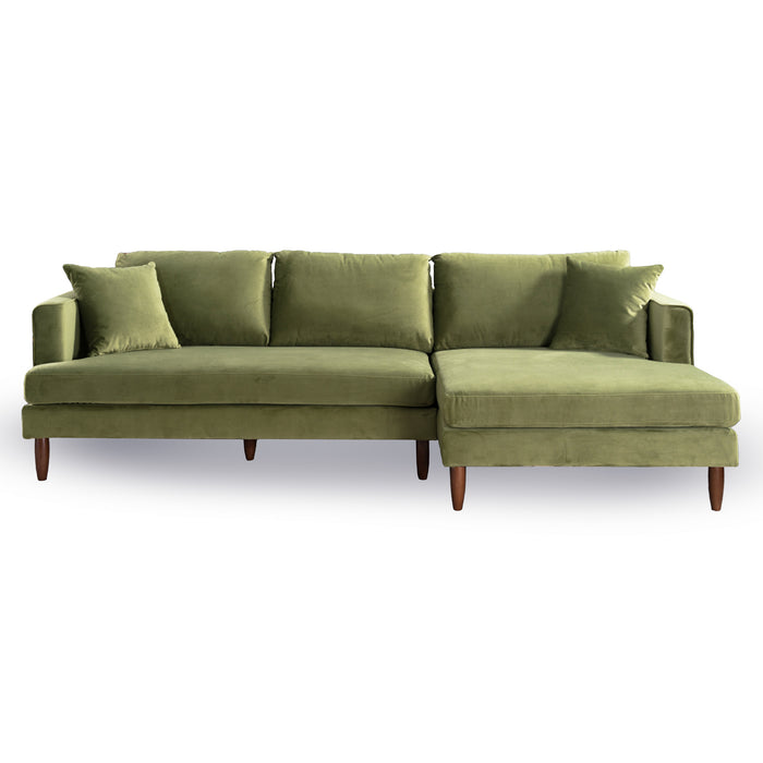 The Ashcroft Furniture Blake Velvet Upholstered L-Shape Chaise Sofa Sectional (107) is a modern green velvet sectional with wooden legs, a right-facing chaise, and matching cushions.