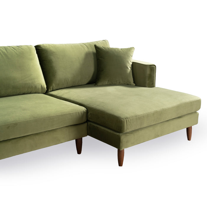 The Blake Velvet Upholstered L-Shape Chaise Sofa Sectional 107 by Ashcroft Furniture features plush olive green velvet, a right-facing reversible chaise, matching pillow, and wooden legs, set against a crisp white background.
