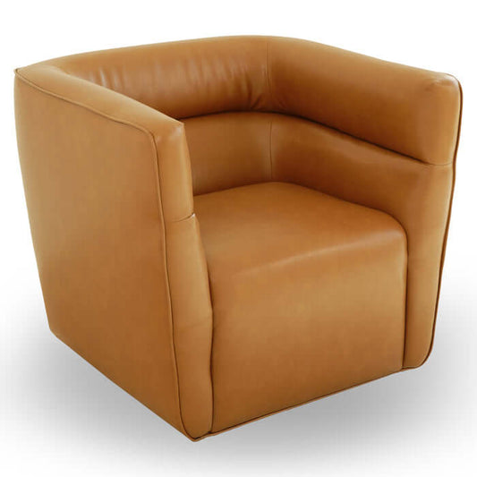Callan Faux Tan Leather Swivel Chair, modern barrel design, perfect for living room or office, comfortable and stylish.