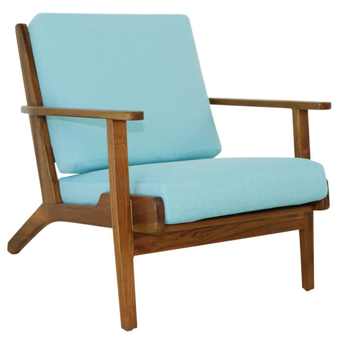 Connor Solid Wood Linen Armchair – Mid-Century Modern Lounge Chair (4 Colors) in blue upholstery with wooden frame.