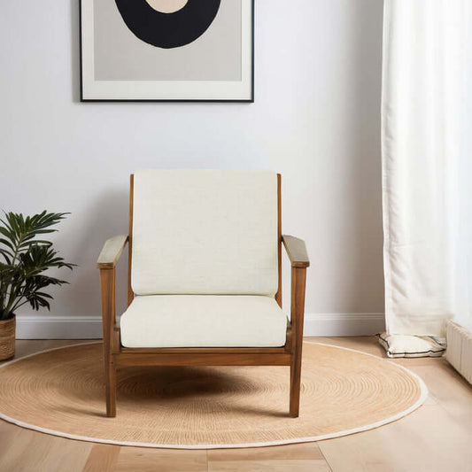 Connor Solid Wood Linen Armchair – Mid-Century Modern Lounge Chair (4 Colors) in a stylish living room setting.
